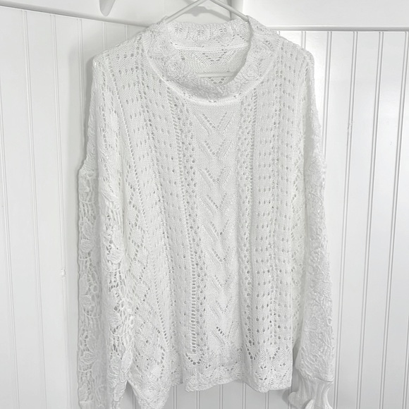Elegant Semi-Sheer Lace Knit Long Sleeve Crew Neck Top - Picture 3 of 7